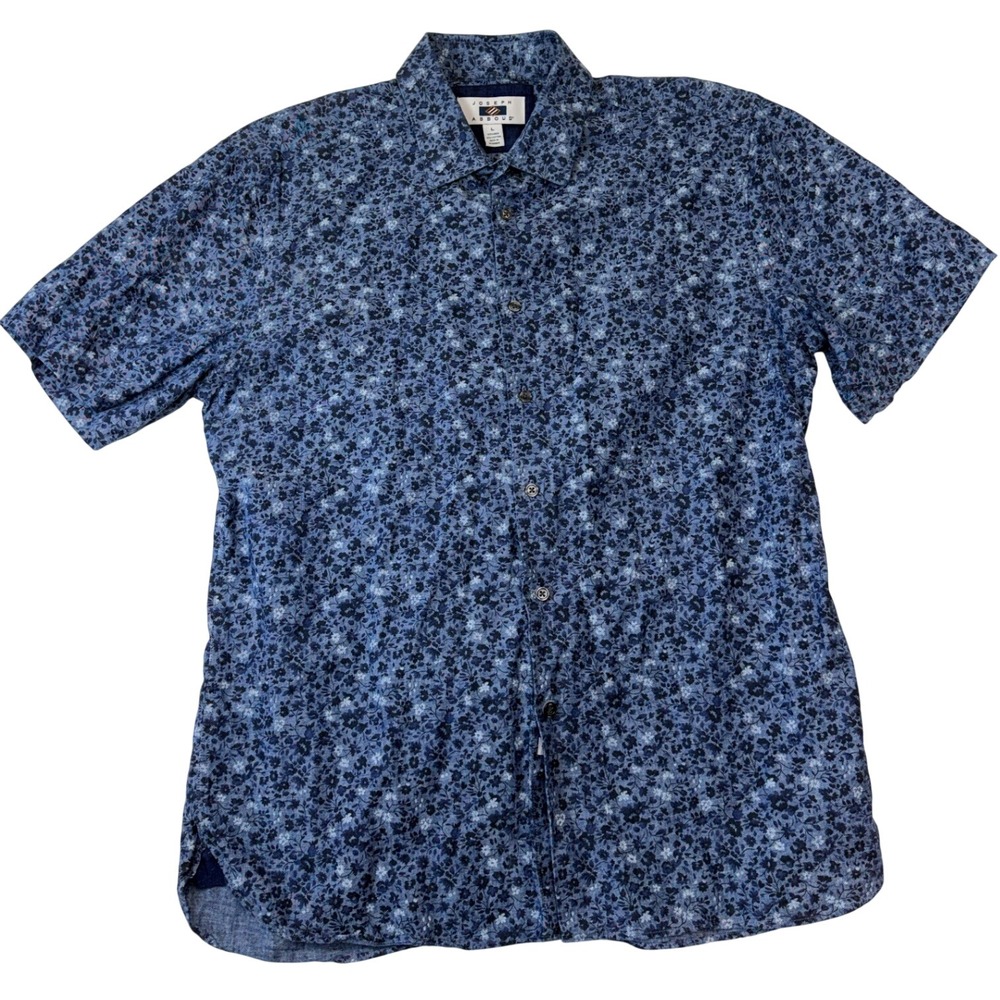 Joseph‎ Abboud Mens Shirt Blue Floral Linen Cotton Short Sleeve Button Down L